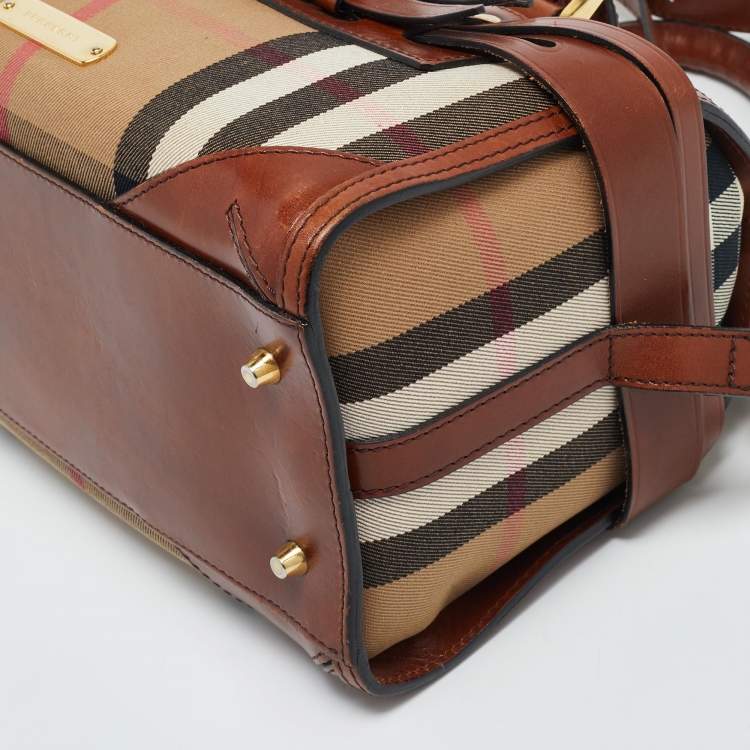 Pre Owned Burberry Beige/Brown House Check Canvas and Leather Bridle Chester Bowler Bag
