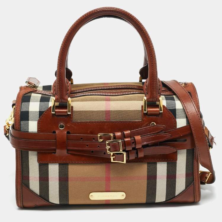 Pre Owned Burberry Beige/Brown House Check Canvas and Leather Bridle Chester Bowler Bag