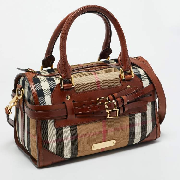 Pre Owned Burberry Beige/Brown House Check Canvas and Leather Bridle Chester Bowler Bag
