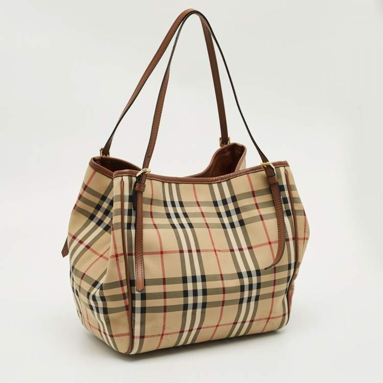 Pre Owned Burberry Cream/Beige Haymarket Check Nylon and Leather Small Canterbury Tote