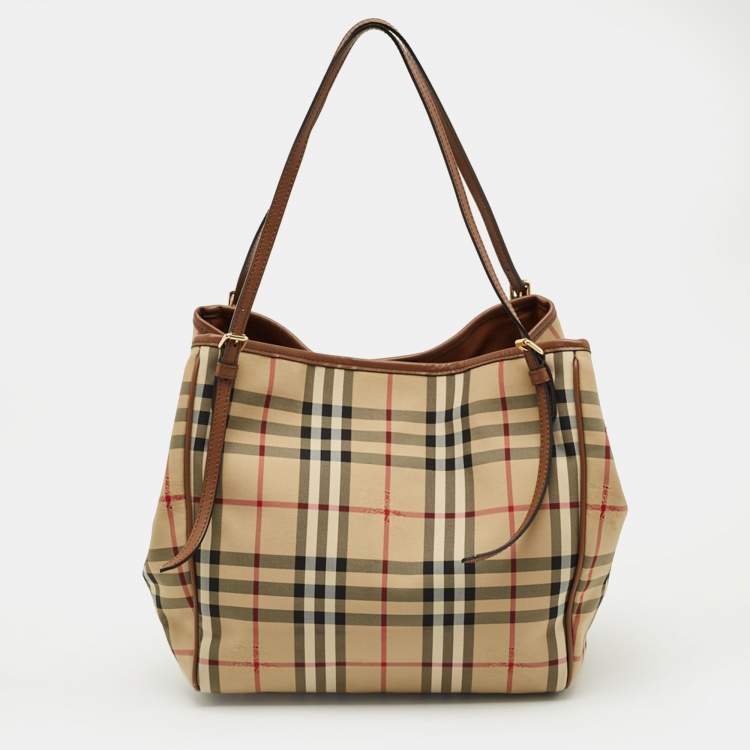 Pre Owned Burberry Cream/Beige Haymarket Check Nylon and Leather Small Canterbury Tote