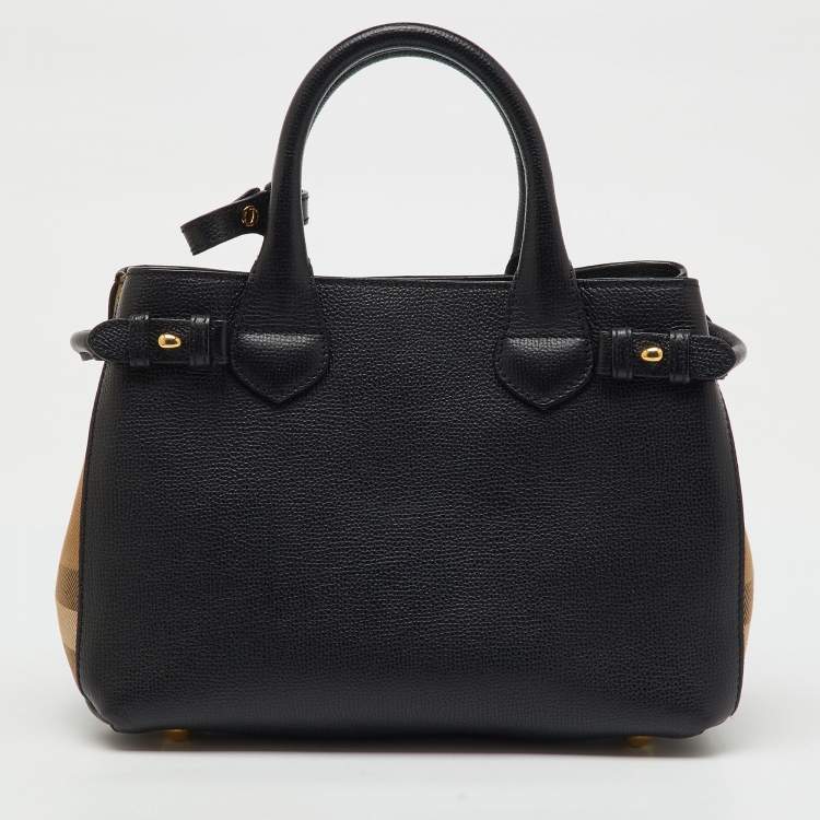 Pre Owned Burberry Black/Beige Leather and House Check Fabric Small Banner Tote