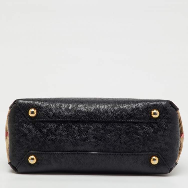 Pre Owned Burberry Black/Beige Leather and House Check Fabric Small Banner Tote