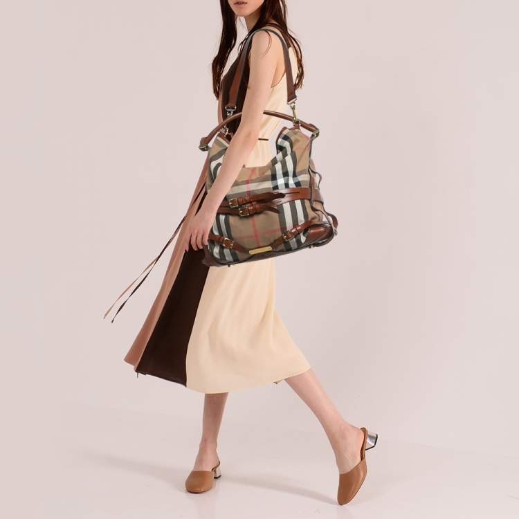 Pre Owned Burberry Brown/Beige House Check Fabric and Leather Medium Bridle Gosford Hobo