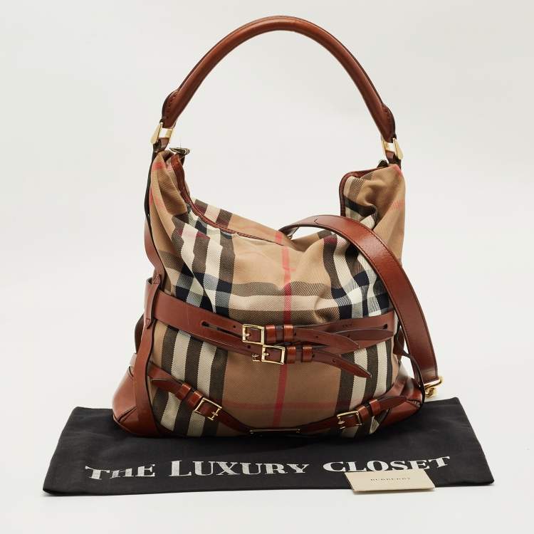 Pre Owned Burberry Brown/Beige House Check Fabric and Leather Medium Bridle Gosford Hobo