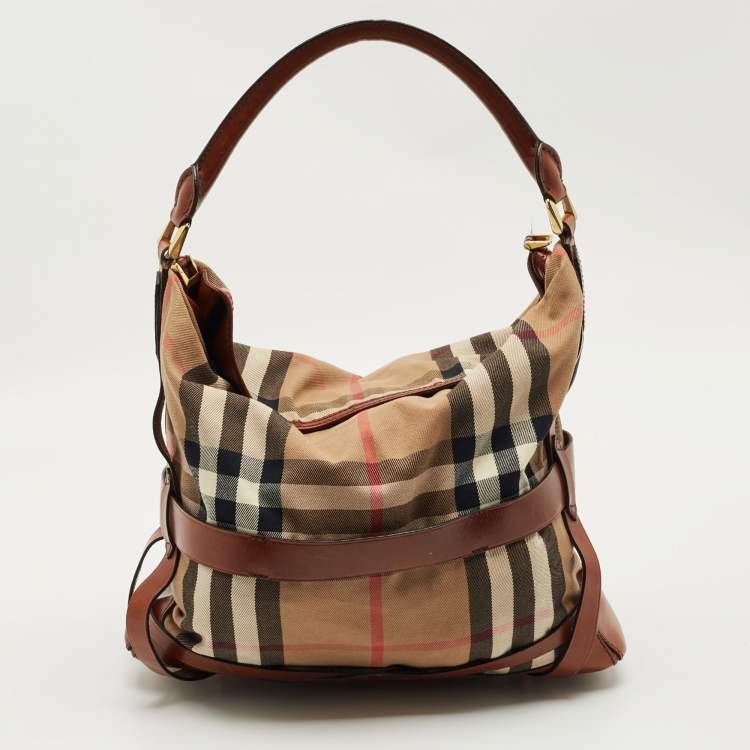 Pre Owned Burberry Brown/Beige House Check Fabric and Leather Medium Bridle Gosford Hobo