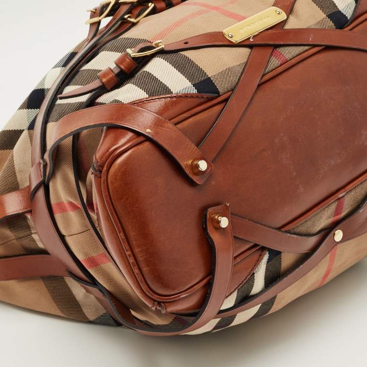 Pre Owned Burberry Brown/Beige House Check Fabric and Leather Medium Bridle Gosford Hobo