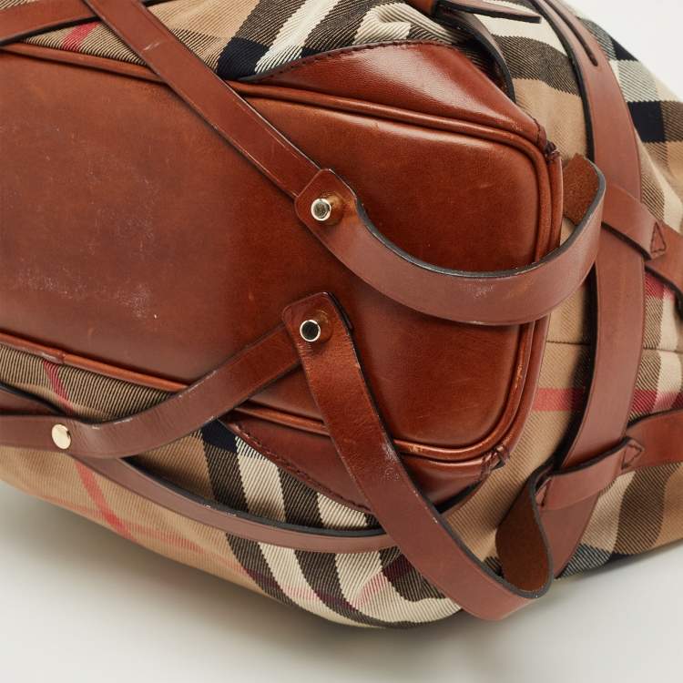 Pre Owned Burberry Brown/Beige House Check Fabric and Leather Medium Bridle Gosford Hobo