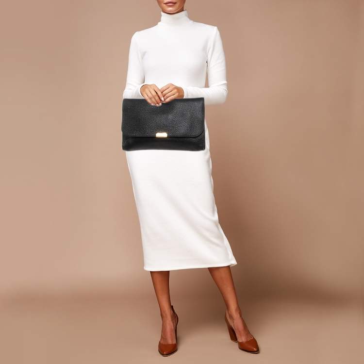Pre Owned Burberry Black Leather Mildenhall Oversized Flap Clutch