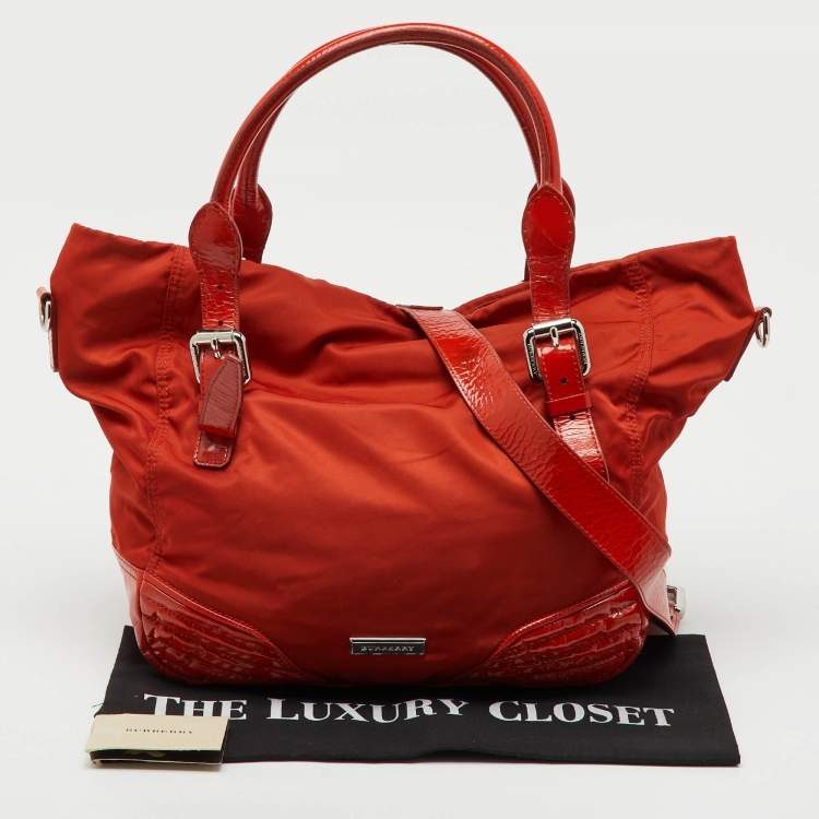 Pre Owned Burberry Orange Nylon and Patent Leather Buckle Handle Tote