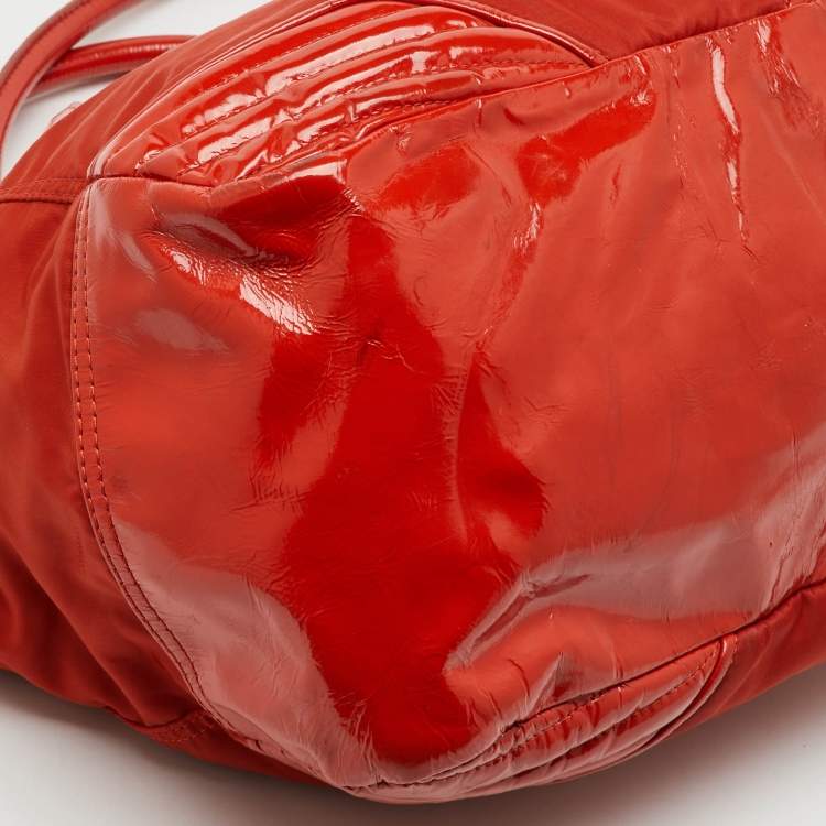 Pre Owned Burberry Orange Nylon and Patent Leather Buckle Handle Tote