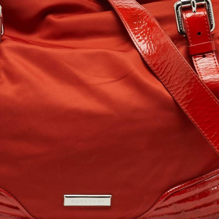 Pre Owned Burberry Orange Nylon and Patent Leather Buckle Handle Tote