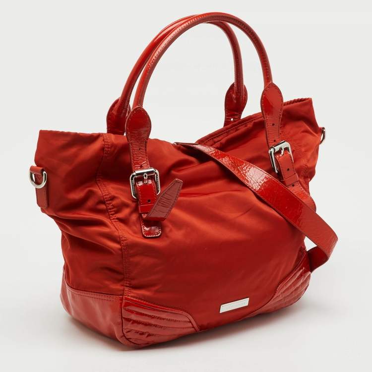 Pre Owned Burberry Orange Nylon and Patent Leather Buckle Handle Tote