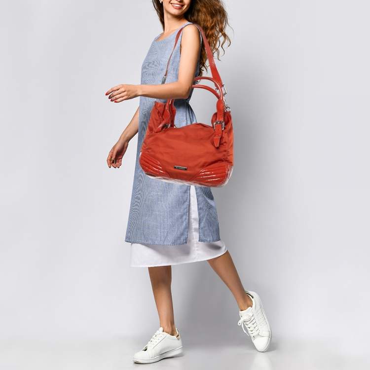 Pre Owned Burberry Orange Nylon and Patent Leather Buckle Handle Tote