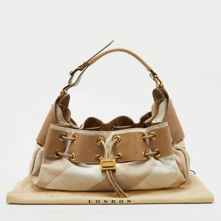 Pre Owned Burberry Beige Summer Check Canvas and Leather Mason Warrior Hobo