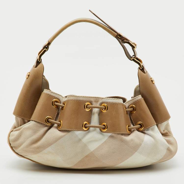 Pre Owned Burberry Beige Summer Check Canvas and Leather Mason Warrior Hobo