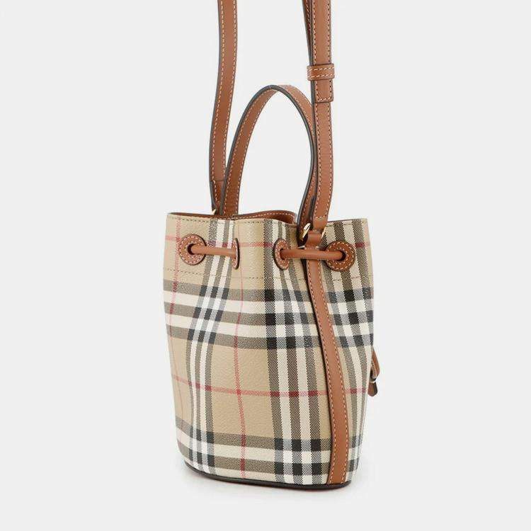 Pre Owned Burberry Checked Bucket Bag Archive Beige/Briar Brown Pvc Leather Size Mini