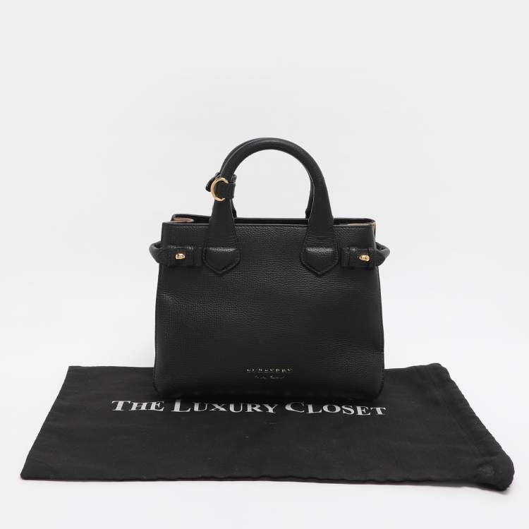 Pre Owned Burberry Black/Beige Leather and House Check Fabric Mini Banner Tote