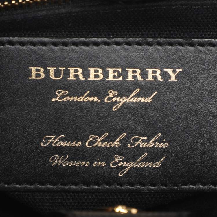 Pre Owned Burberry Black/Beige Leather and House Check Fabric Mini Banner Tote