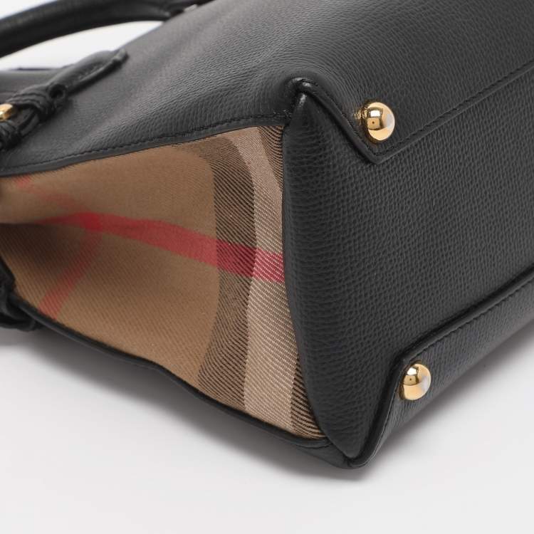 Pre Owned Burberry Black/Beige Leather and House Check Fabric Mini Banner Tote