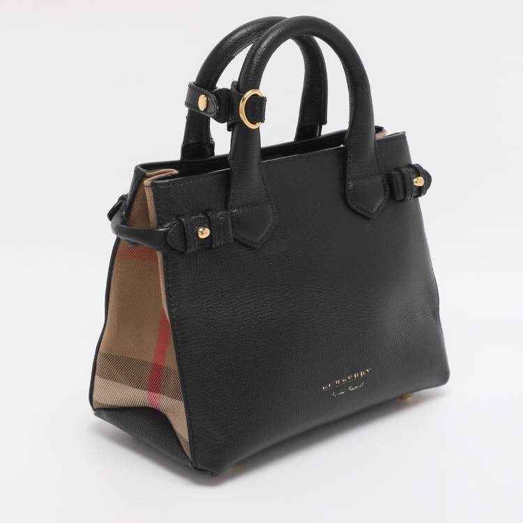 Pre Owned Burberry Black/Beige Leather and House Check Fabric Mini Banner Tote