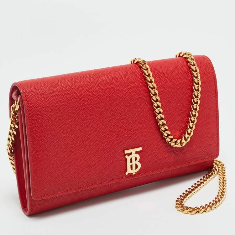 Pre Owned Burberry Red Leather TB Logo Wallet On Chain