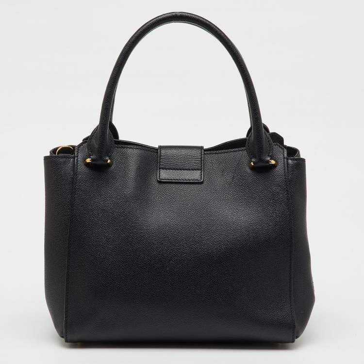 Pre Owned Burberry Black Grained Leather Medium Buckle Tote