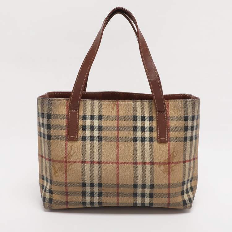 Pre Owned Burberry Brown/Beige Haymarket Check Coated Canvas Tote