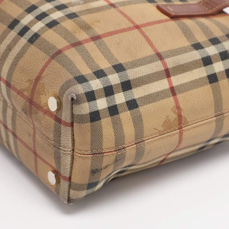 Pre Owned Burberry Brown/Beige Haymarket Check Coated Canvas Tote