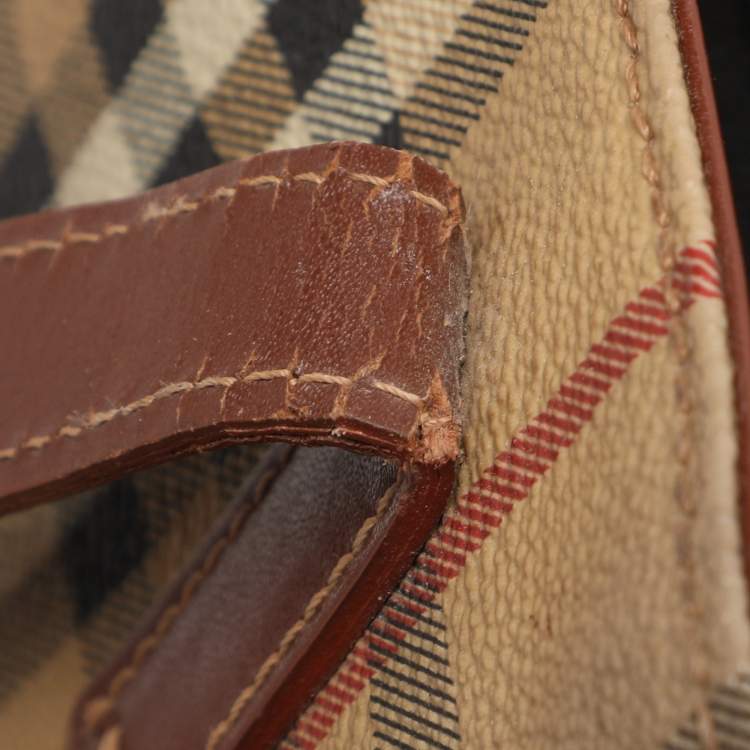 Pre Owned Burberry Brown/Beige Haymarket Check Coated Canvas Tote