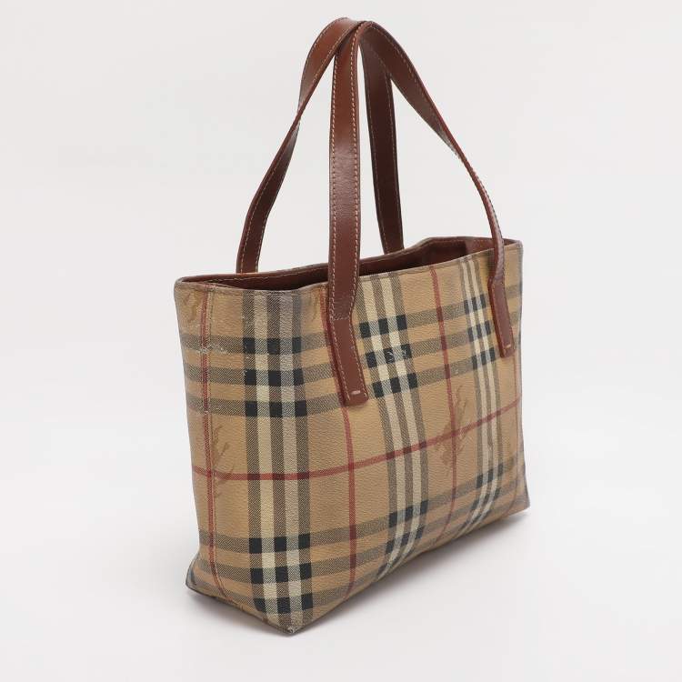 Pre Owned Burberry Brown/Beige Haymarket Check Coated Canvas Tote