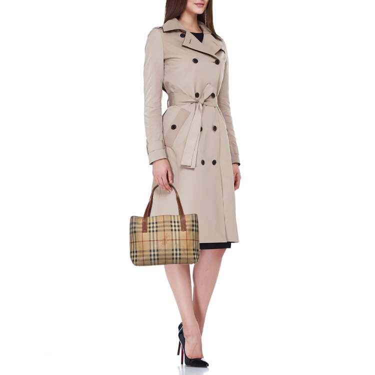 Pre Owned Burberry Brown/Beige Haymarket Check Coated Canvas Tote