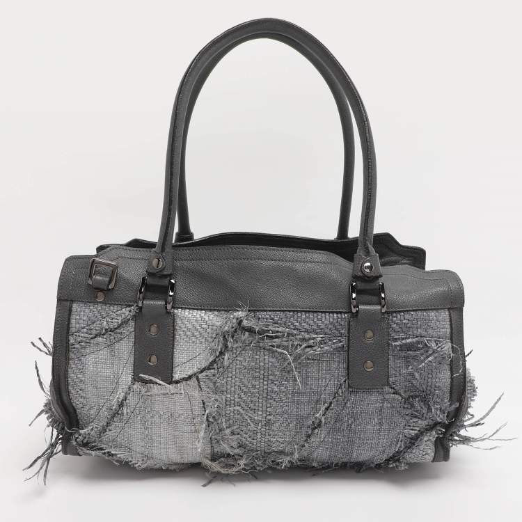Pre Owned Burberry Grey Leather and Woven Patchwork Straw Satchel