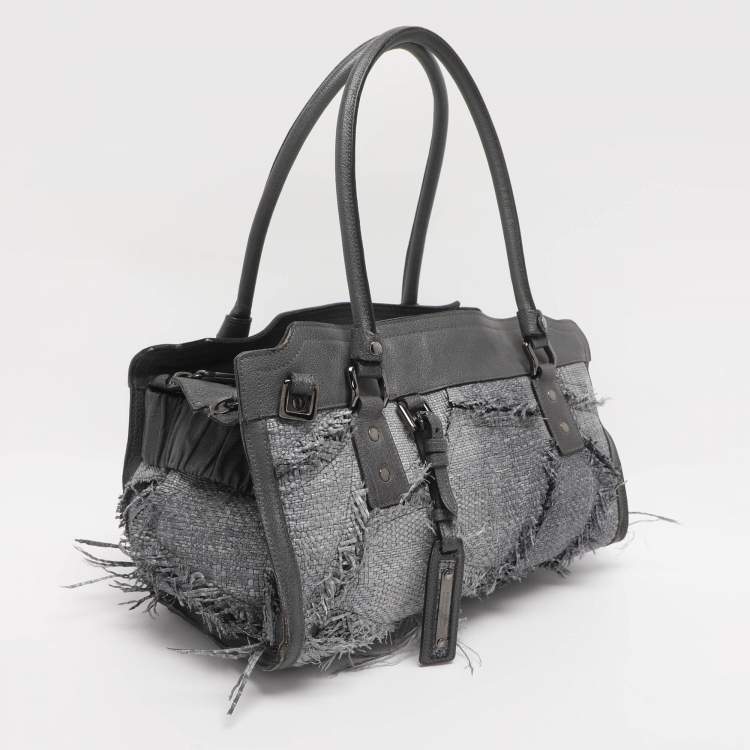 Pre Owned Burberry Grey Leather and Woven Patchwork Straw Satchel