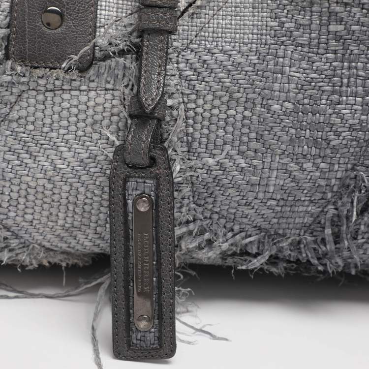Pre Owned Burberry Grey Leather and Woven Patchwork Straw Satchel