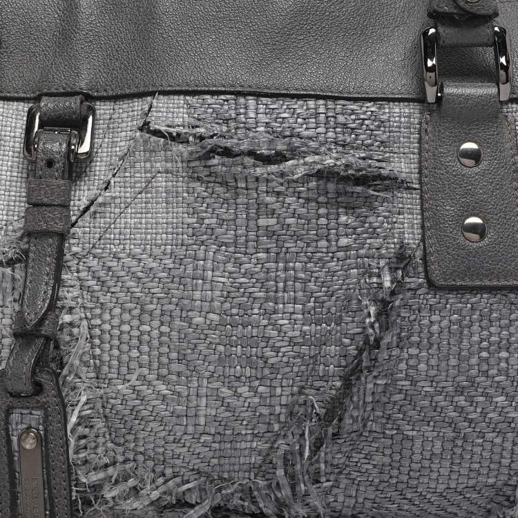Pre Owned Burberry Grey Leather and Woven Patchwork Straw Satchel