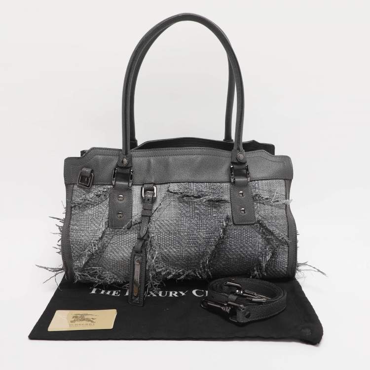 Pre Owned Burberry Grey Leather and Woven Patchwork Straw Satchel