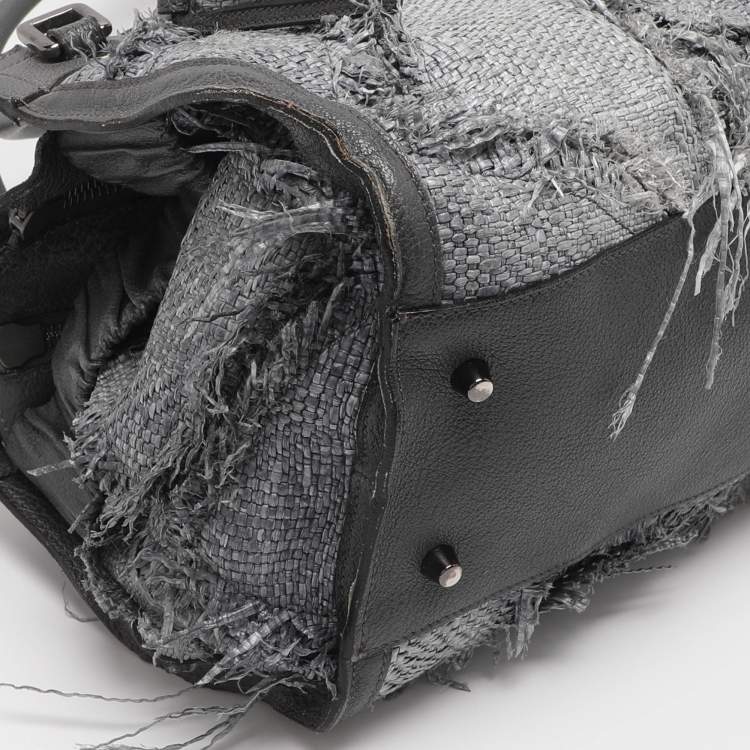 Pre Owned Burberry Grey Leather and Woven Patchwork Straw Satchel