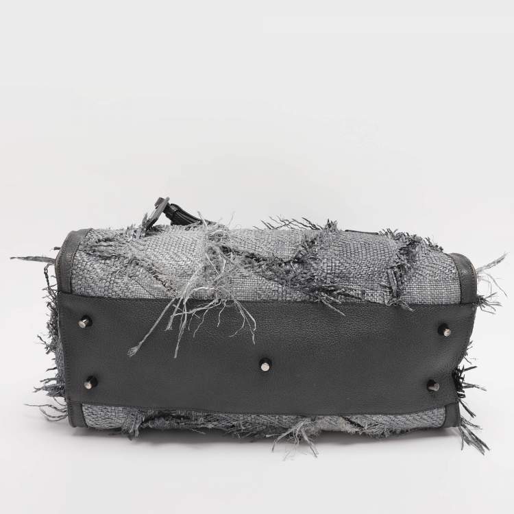 Pre Owned Burberry Grey Leather and Woven Patchwork Straw Satchel