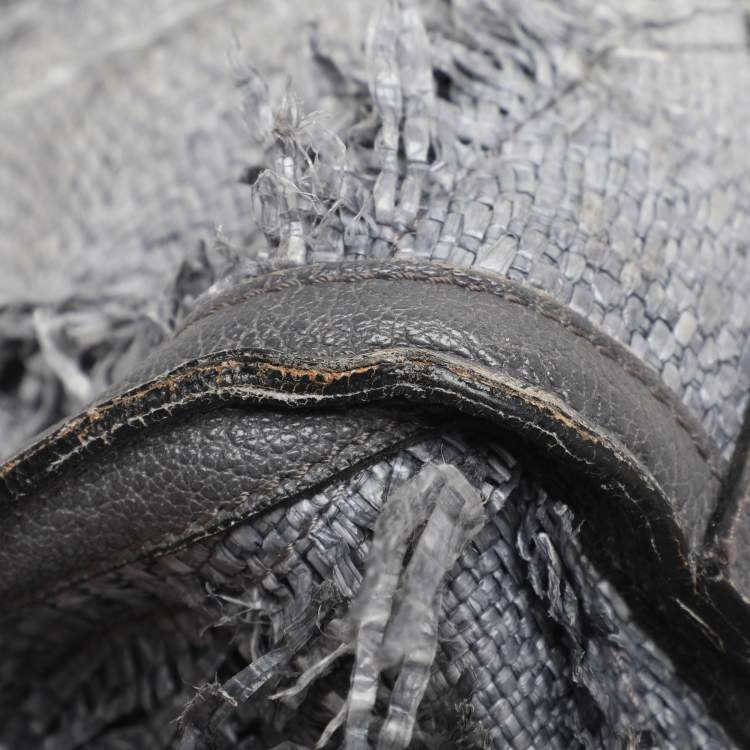 Pre Owned Burberry Grey Leather and Woven Patchwork Straw Satchel