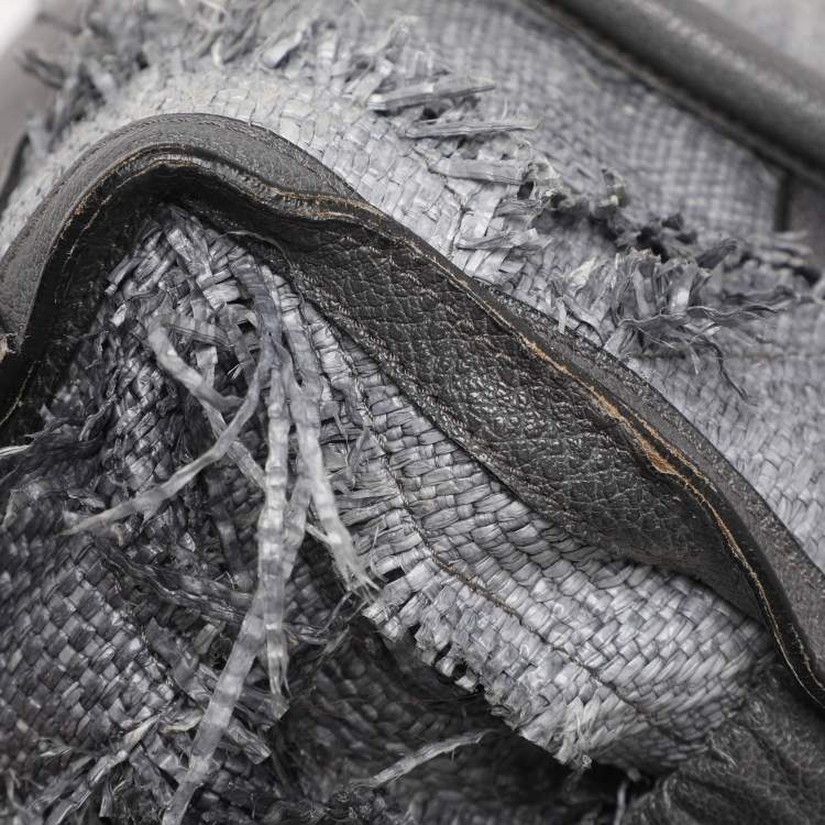 Pre Owned Burberry Grey Leather and Woven Patchwork Straw Satchel