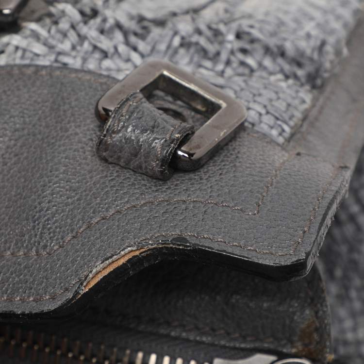 Pre Owned Burberry Grey Leather and Woven Patchwork Straw Satchel