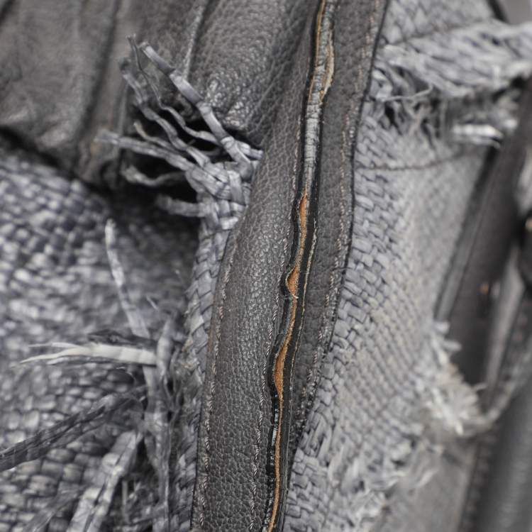Pre Owned Burberry Grey Leather and Woven Patchwork Straw Satchel