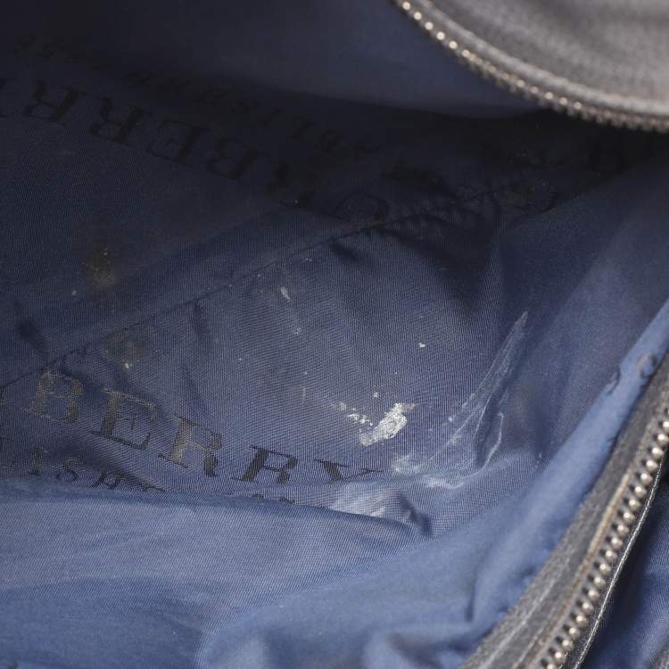 Pre Owned Burberry Grey Leather and Woven Patchwork Straw Satchel