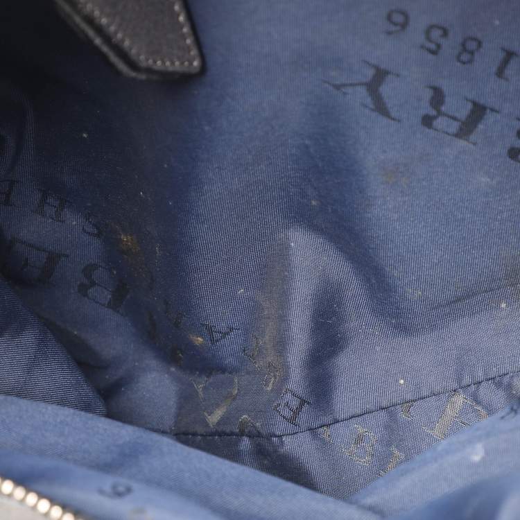 Pre Owned Burberry Grey Leather and Woven Patchwork Straw Satchel