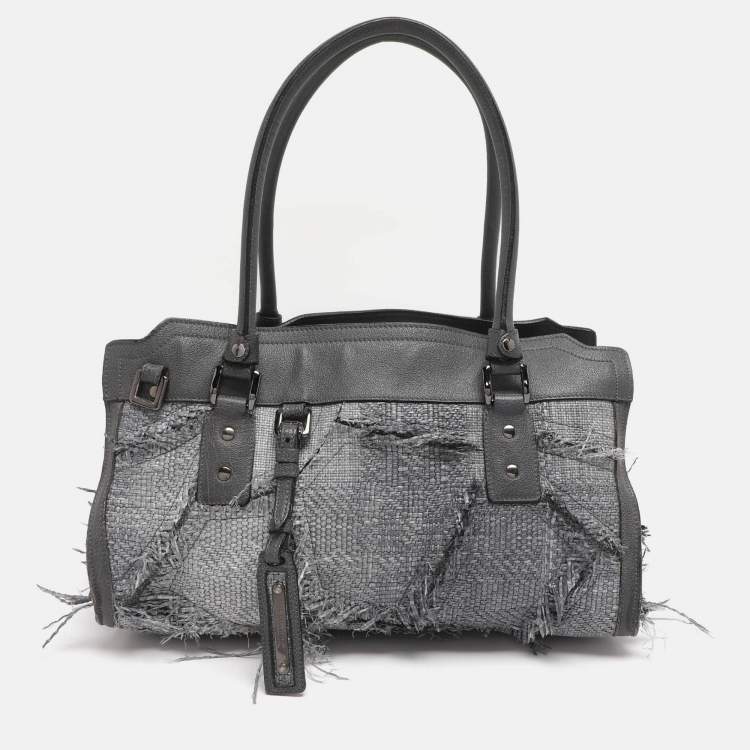 Pre Owned Burberry Grey Leather and Woven Patchwork Straw Satchel