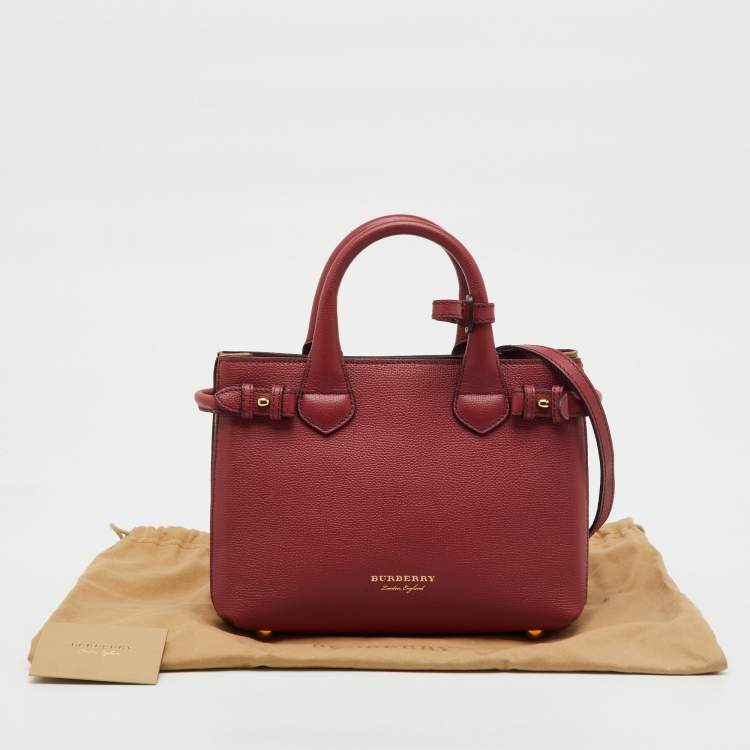 Pre Owned Burberry Red/Beige Leather and House Check Fabric Small Banner Tote