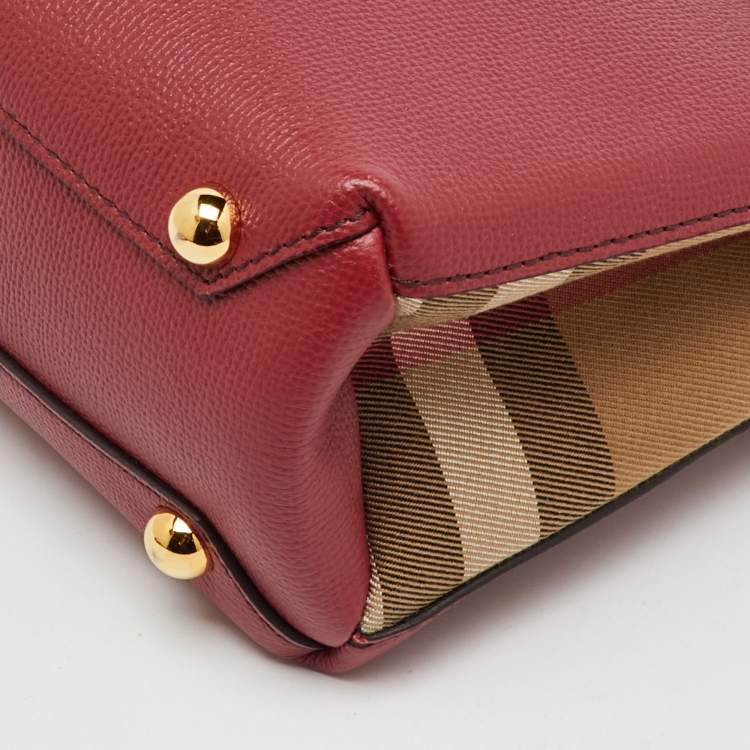 Pre Owned Burberry Red/Beige Leather and House Check Fabric Small Banner Tote