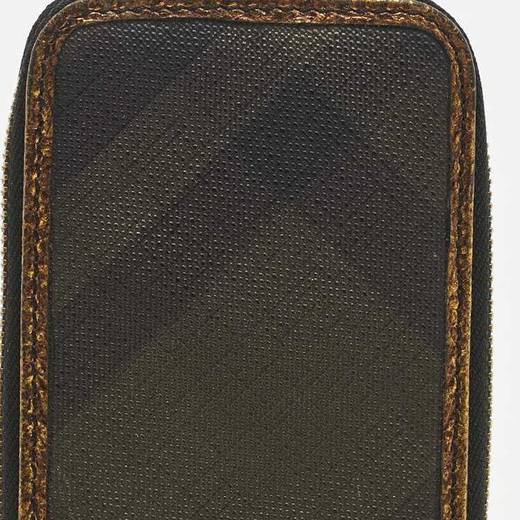 Pre Owned Burberry Gold/Brown Smoke Check Coated Canvas Zip Wristlet Pouch