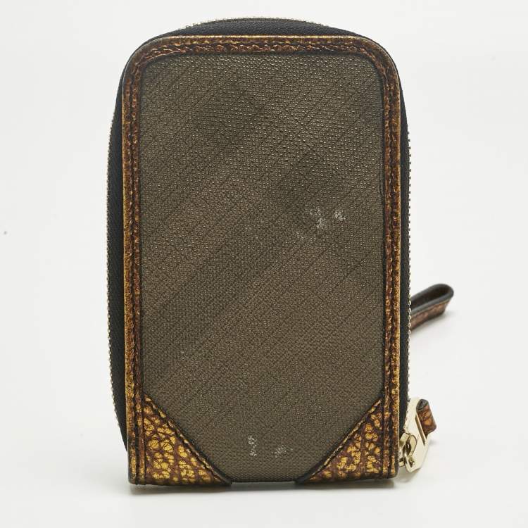 Pre Owned Burberry Gold/Brown Smoke Check Coated Canvas Zip Wristlet Pouch